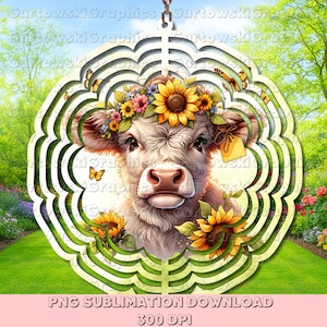 Tournesol vache PNG Sublimation toupie Design vache vent Spinner en téléchargement numérique Ferme rustique Art floral ferme des animaux décoration de jardin