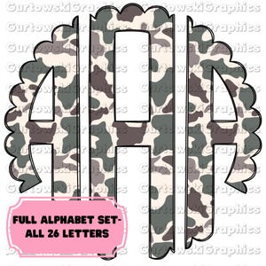 May include: A monogram design featuring the letters "AHA" in a camouflage pattern, set within a scalloped border. A pink banner at the bottom reads "FULL ALPHABET SET - ALL 26 LETTERS". The design incorporates shades of green, brown, and beige.