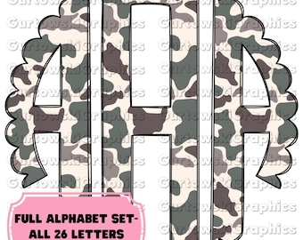 Old School Camo Monogram,Preppy Camo Monogram Digital Download,Scalloped Initials, Old School Camo Initials,Full Alphabet Monogram