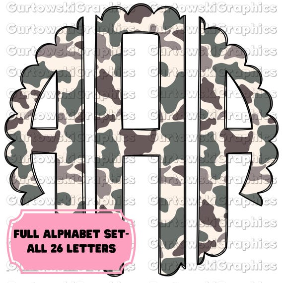 Old School Camo Monogram,Preppy Camo Monogram Digital Download,Scalloped Initials, Old School Camo Initials,Full Alphabet Monogram
