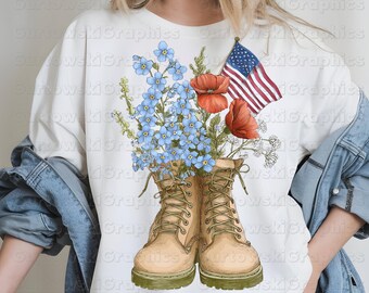 Bottes militaires patriotiques Floral PNG, 4 juillet Sublimation, drapeau américain fleurs sauvages, Memorial Day, fête du Travail PNG, sublimation d'anciens combattants