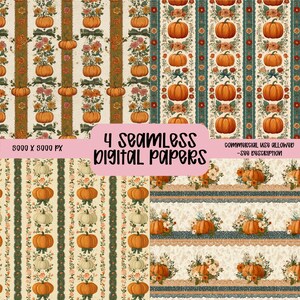Könnte beinhalten: Vier nahtlose digitale Papiere mit herbstlichen Mustern. Die Designs zeigen Kürbisse, Blumen und dekorative Streifen in Orange, Grün und Creme. Der Text "4 seamless digital papers" ist sichtbar.