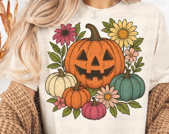 Floral Jack O Lantern png Cute Pastel Pumpkin Patch PNG Spooky Season Halloween png Autumn Farmhouse Flowers PNG Fall Shirt Design