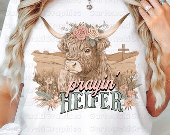 Praying Heifer PNG,Christian Sublimation Design,Vintage Highland Cow DTF,Cow Religious PNG,Floral Boho Highland Cow Shirt Design