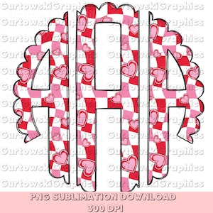 May include: A sublimation design featuring the letters "AH" in a black outline. The letters are filled with a pattern of pink and red hearts on a white and red checkered background. The design is surrounded by a scalloped border.