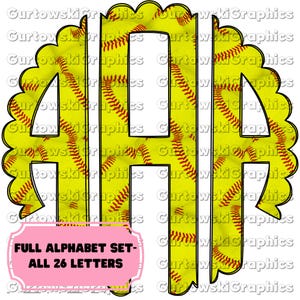 May include: A set of 26 alphabet letters in a black outline with a yellow and red softball pattern. The letters are in a scalloped shape. The text "FULL ALPHABET SET - ALL 26 LETTERS" is in a pink box at the bottom of the image.