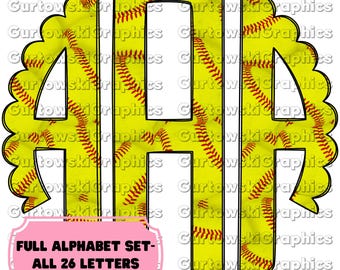 Softball Monogram,Softball Scallop,Full Alphabet Monogram, Softball Alphabet,Doodle Monogram Digital Download