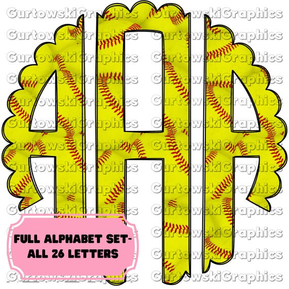 Softball Monogram,Softball Scallop,Full Alphabet Monogram, Softball Alphabet,Doodle Monogram Digital Download