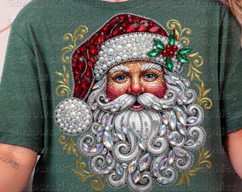 Papá Noel con diamantes de imitación PNG, Navidad con cristales brillantes PNG, Sublimación navideña con mosaico de cristal, Camiseta de Papá Noel con joyas, Descarga digital de Papá Noel