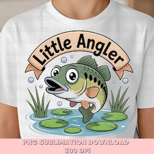 May include: A white t-shirt with a cartoon illustration of a bass fish in a pond with lily pads. The text "Little Angler" is written in a banner above the fish.