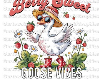 Berry Sweet Goose Vibes PNG, Summer Strawberry Goose Clipart, Cute Goose Vibes Sublimation, Red Boots Duck Design, Farm Animal Summer PNG