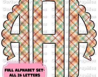 Muted Fall Plaid Monogram,Preppy Halloween Monogram Digital Download,Scalloped Initials,Plaid Initials,Full Alphabet Monogram,Plaid Initials