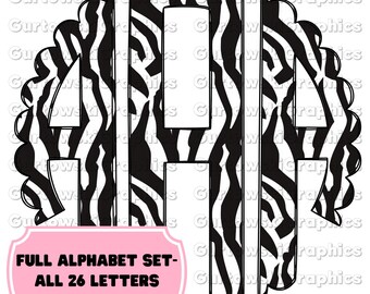 Monograma con estampado de cebra, iniciales digitales con monograma preppy, festón con estampado de cebra, monograma con alfabeto completo, alfabeto con estampado de cebra, monograma doodle