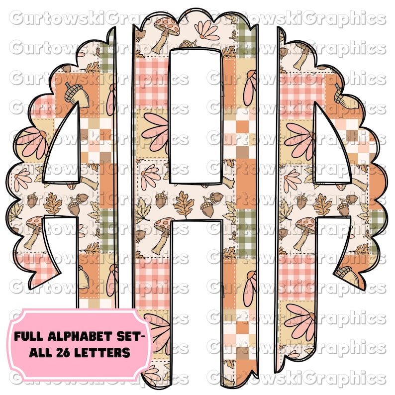 Höstpatch Cottagecore-monogram, preppy Halloween-monogram digital nedladdning, scalloped initialer, fullständigt alfabetsmonogram, höstblommor png bild 1