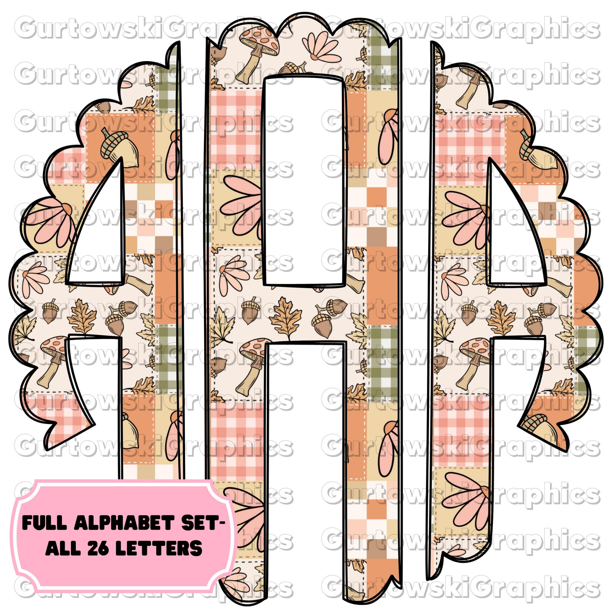 Fall Patch Cottagecore Monogram,Preppy Halloween Monogram Digital Download,Scalloped Initials,Full Alphabet Monogram,Fall Floral Png