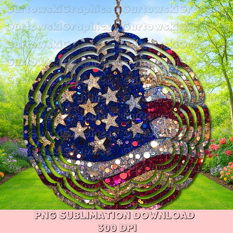 Op de afbeelding: Een gelaagde, ronde ornament met het ontwerp van de Amerikaanse vlag. Het heeft een blauwe achtergrond met gouden sterren, rode en witte strepen en glitteraccenten. De tekst "PNG SUBLIMATION DOWNLOAD" en "300 DPI" staat onderaan.