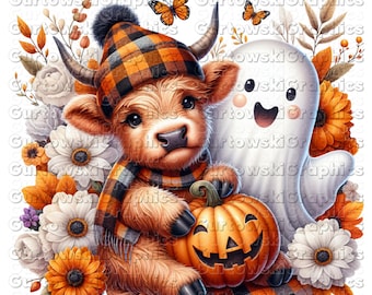 Jolie vache des Highlands d'automne avec fantôme PNG Sublimation, Sublimation d'automne, Thanksgiving png, vache d'automne png, animal de la ferme halloween png, automne fantôme png