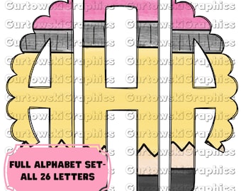 Teacher Pencil Monogram,Preppy Monogram Digital Download,Scalloped Initials,Floral Scallop,Full Alphabet Monogram, Floral Alphabet