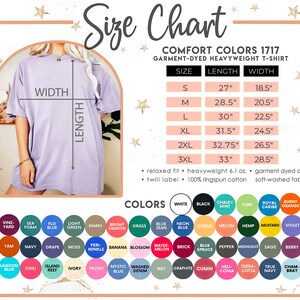 Peut inclure: Tableau des tailles pour un t-shirt lourd teint&eacute; en pi&egrave;ce Comfort Colors 1717. Le tableau pr&eacute;sente les tailles S &agrave; 3XL avec les mesures de longueur et de largeur correspondantes en pouces. Le tableau indique &eacute;galement les d&eacute;tails du tissu : coupe d&eacute;contract&eacute;e, poids lourd 6,1 oz, 100 % coton peign&eacute;, teinture en pi&egrave;ce et tissu lav&eacute; en douceur. En dessous du tableau se trouve un tableau des couleurs avec 40 options de couleurs diff&eacute;rentes.