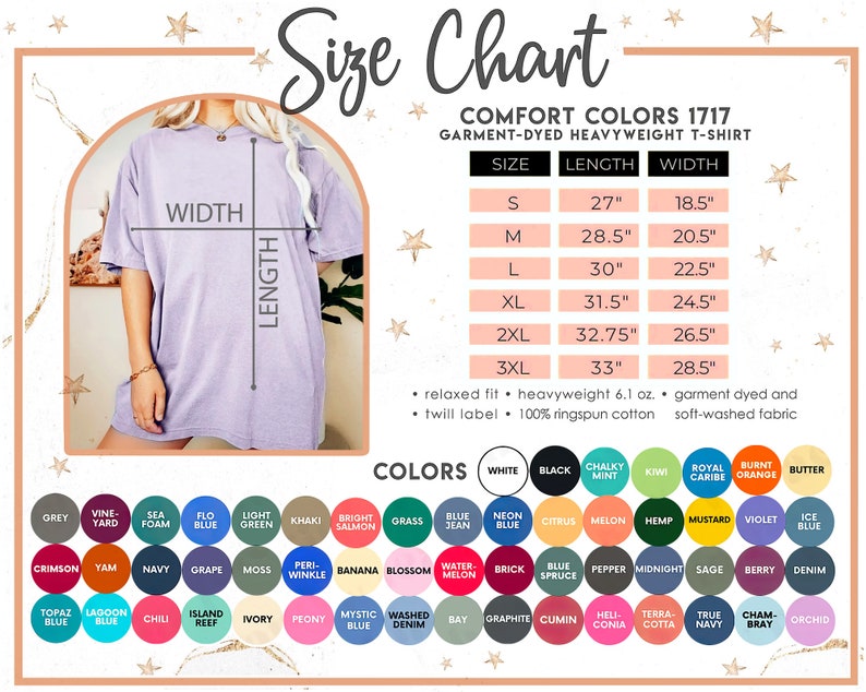 Peut inclure: Tableau des tailles pour un t-shirt lourd teint&eacute; en pi&egrave;ce Comfort Colors 1717. Le tableau pr&eacute;sente les tailles S &agrave; 3XL avec les mesures de longueur et de largeur correspondantes en pouces. Le tableau indique &eacute;galement les d&eacute;tails du tissu : coupe d&eacute;contract&eacute;e, poids lourd 6,1 oz, 100 % coton peign&eacute;, teinture en pi&egrave;ce et tissu lav&eacute; en douceur. En dessous du tableau se trouve un tableau des couleurs avec 40 options de couleurs diff&eacute;rentes.