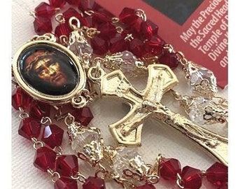 Halsschmuck des Kostbaren Blutes Jesu, Rosenkranz mit 12 Perlen Collier, Kostbarstes Blut Jesus Rosenkranz, Rosenkranz aus Rotem Kristall, Göttlicher Schutz