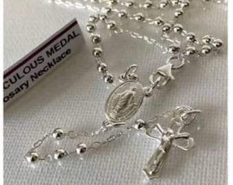 Colar de Rosário em Prata de Lei 925, Medalha Milagrosa em Prata 925, Corrente de Rosário Completa, Joia de Rosário com Design de Bola, Medalha de Nossa Senhora