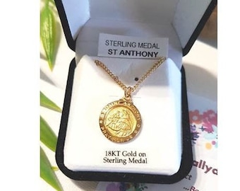 St Anthony Gold On Silver Medal,Sterling Silver and Gold Overlay Saint Anthony Pendant,Saint Antonio Necklace,All Ages Catholic Silver Medal
