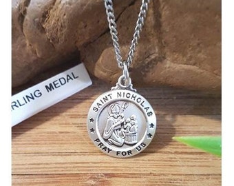 St Nicholas Sterling Silver Necklace,Saint Nicholas Medal,Patron Saint Of Children,Pray For Us Sterling Gifts,Men,Fathers and Youth Jewelry