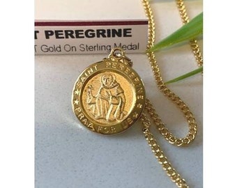 St Peregrine Medal, 18KT Gold Plated Saint Peregrine, Healing Saint , Patron of Cancer Patients, Ladies and Mens Catholic Sterling Medal