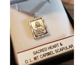 Médaille scapulaire en argent sterling, pendentif sacré-coeur sterling, pendentif Notre-Dame du Mont-Carmel, collier scapulaire double face, cadeau religieux