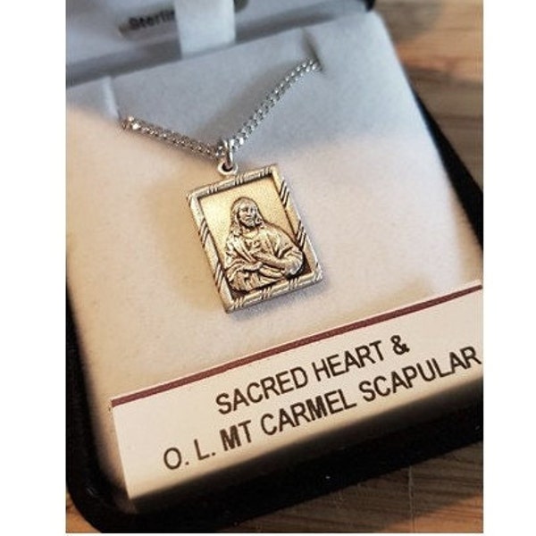 Scapular Medal Sterling Silver, Sterling Sacred Heart Pendant, Our Lady of Mt Carmel Pendant, Double sided scapular Necklace, Religious Gift