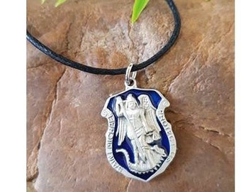 St Michael Pewter Big Necklace,St Michael Badge Medal, Policeman and Military Gift, Blue Corded Archangel Michael, Men's and Youth Gift,