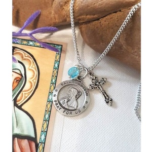 Collana personalizzata di Santa Brigida, medaglia di Santa con crocifisso e pietra portafortuna, colori delle pietre portafortuna, Santa per neonati, ostetriche, agricoltori, bambini