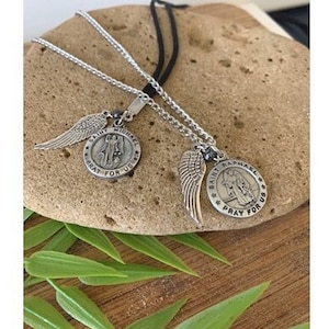St Christopher Medal with Prayer Card, St Gabriel, St Raphael Medal, St Michael Archangel Necklace On Chain or Cord, Patron saint with Wings