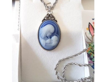 Cameo Mother & Child Pendant/Gifts for Mothers/Ladies Blue Cameo Necklace/Madonna and Child Cameo Pendant with Extension/New Mother's Gift