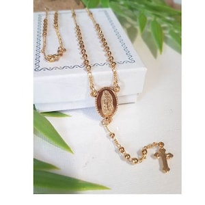 Our Lady Of Guadalupe Rosary Chain, 18K Gold Filled Rosary Necklace with Lady Of Guadalupe, Dainty small Virgin De Guadalupe Ladies Necklace