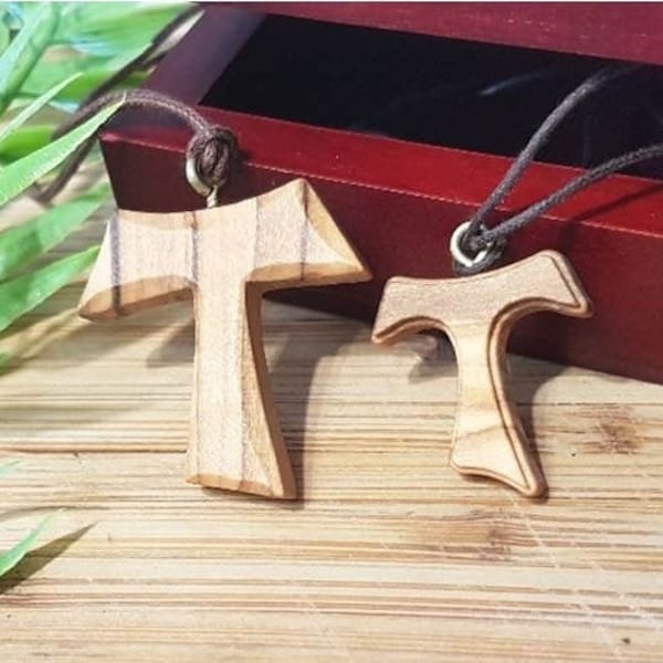 Olivewood Tau Cross,Tau Cross Corded Olive Wood Necklace,Franciscan Cross Pendant,Boys and Girls Wood Cross,Men Wood Cross Corded Necklace