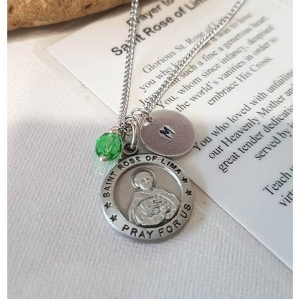 Saint Rose of Lima Medal, Personalised St Rose Medal, Birthstone and Initial Charm, Patron Saint for Gardeners and Florist,Saint for Tailors