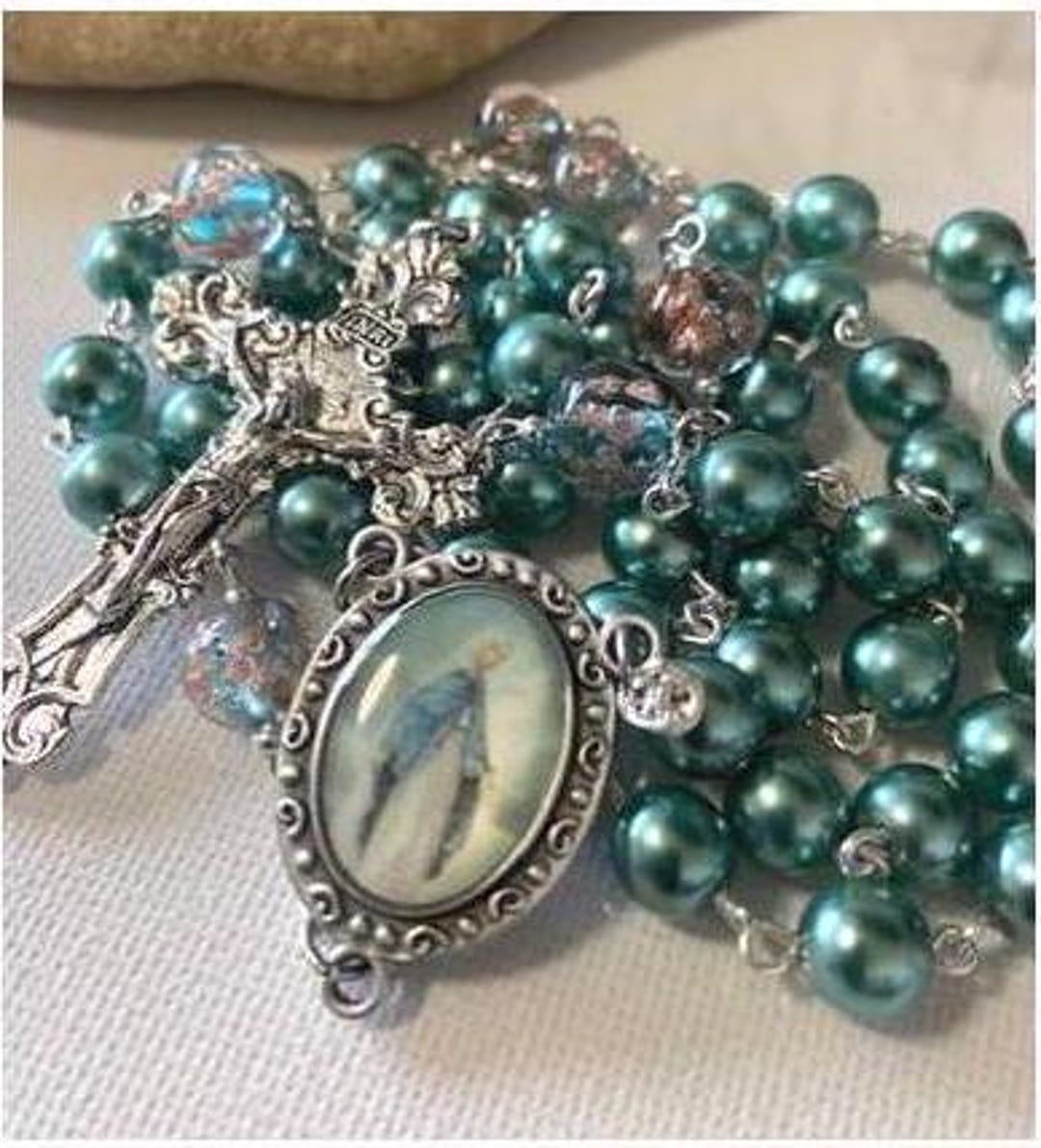 Murano Venetian and Pearl Beads Our Lady of Grace Rosary, Catholic ...