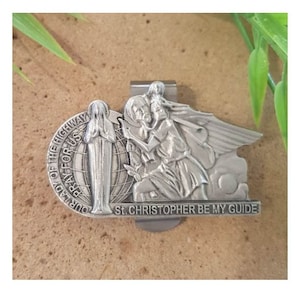 Auto Visier Clip Lady der Landstraße und St Christopher / Saint Christopher und Unsere Dame der Landstraße Pewter Auto Visier Clip/Religiöse Auto Clip