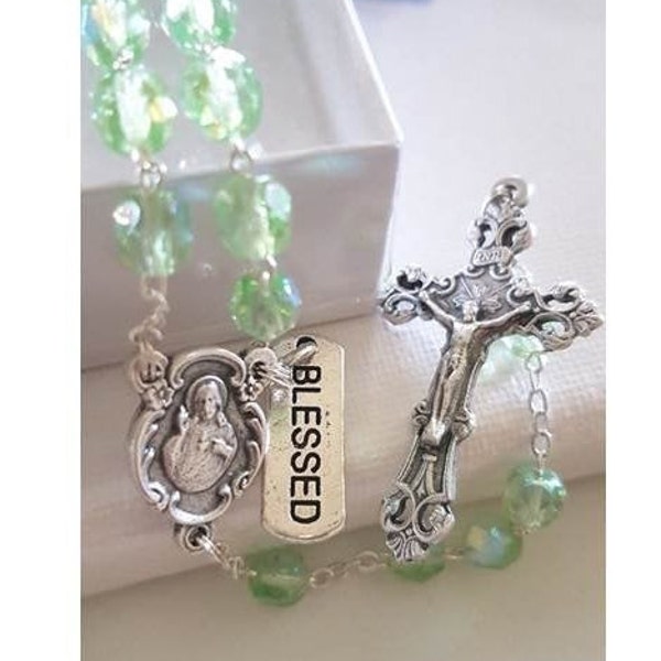August Birthstone Rosary /Peridot Green August Birthstone Colour Glass Rosary with 'How To Pray The Rosary' Booklet & Birthstone Colour Tag