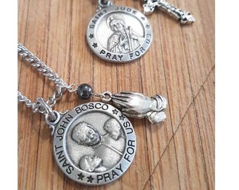 St John Bosco Medal, Saint Jude Patron Saint for Lost Cause,Patron Saint Necklace with Praying Hands,Choose Saint and Charm,Saint For Teens