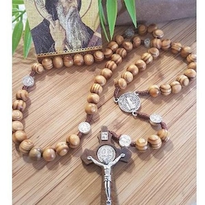 Big Olivewood Rosary/Big Beads Olive Wood Rosary with St Benedict Cross/Corded Olive Wood Rosary for Men/Wooden Saint Benedict Rosary