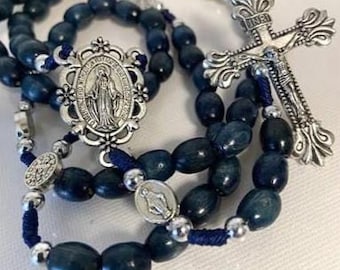 Wood Miraculous Medal Prayer Beads, Long Blue Wood Corded Our Lady Of Grace Rosary,Hand corded Wood Beads Rosary for Adults,Italian Charms