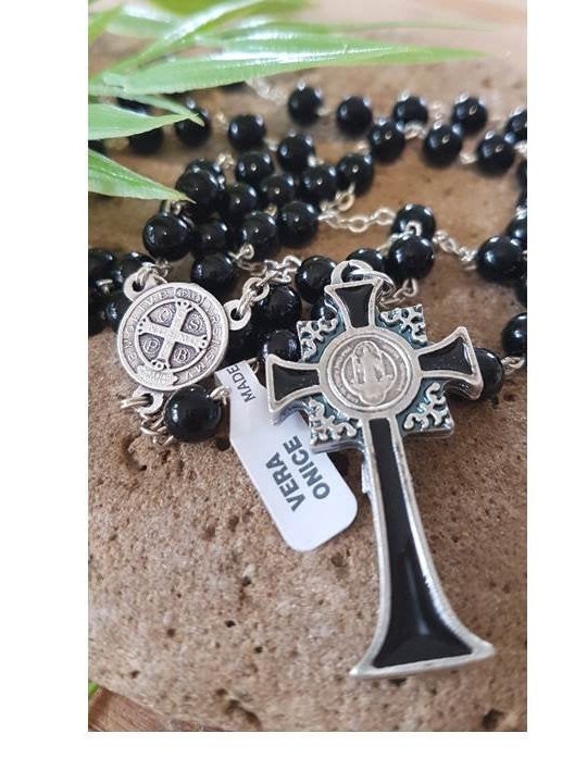 ブラックオニキスの長いロザリオ 黒の聖ベネディクトのロザリオ、宝石オニキスの聖ベネディクトの