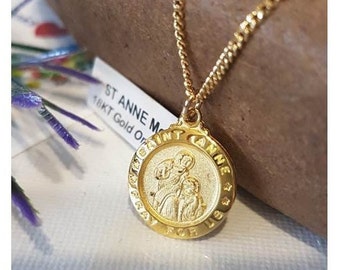St Anne Gold On Silver Medal,18KT Gold and Sterling Saint Anne Pendant,Patron Saint for Expectant Mothers,Jesus Grandmother,Fertility Medal