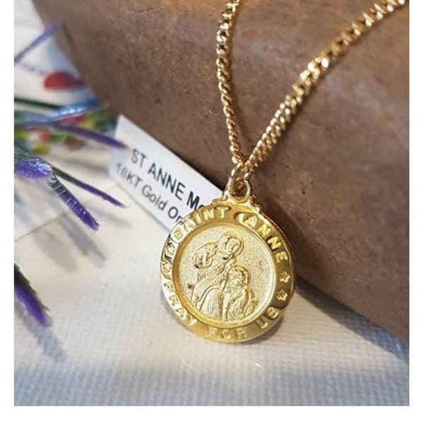 St Anne Gold On Silver Medal,18KT Gold and Sterling Saint Anne Pendant,Patron Saint for Expectant Mothers,Jesus Grandmother,Fertility Medal