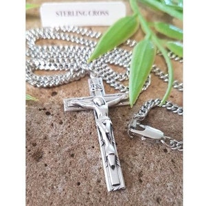 Sterling Silver Adult Crucifix,Large Sterling Silver Matte Crucifix Pendant,Men&#39;s Religious Cross,Men and Women Catholic Religious Necklace