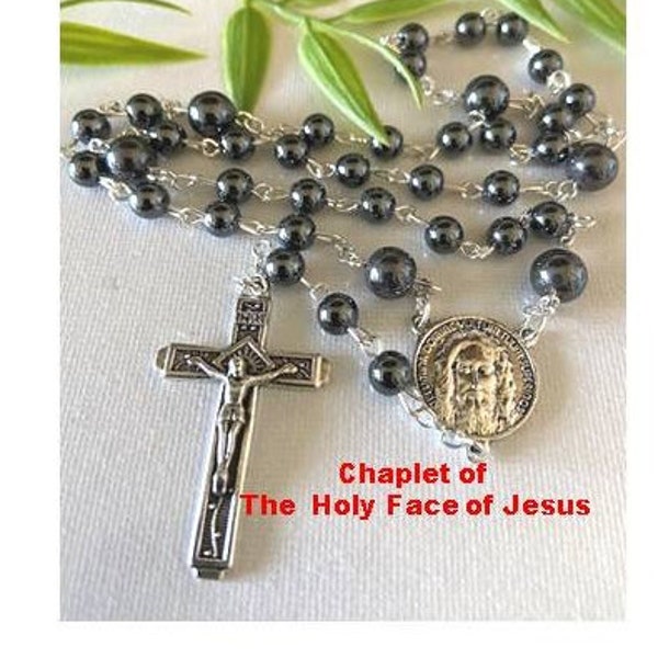 Chaplet of The Holy face of Jesus, Shroud Of Turin Chaplet, Holy face of Jesus Hematite Rosary, Devotion to the Holy Face, Face of Christ