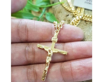 Collier crucifix/croix classique en argent sterling pour homme/Plaqué or sur pendentif crucifix/croix crucifix pour homme avec chaîne lourde